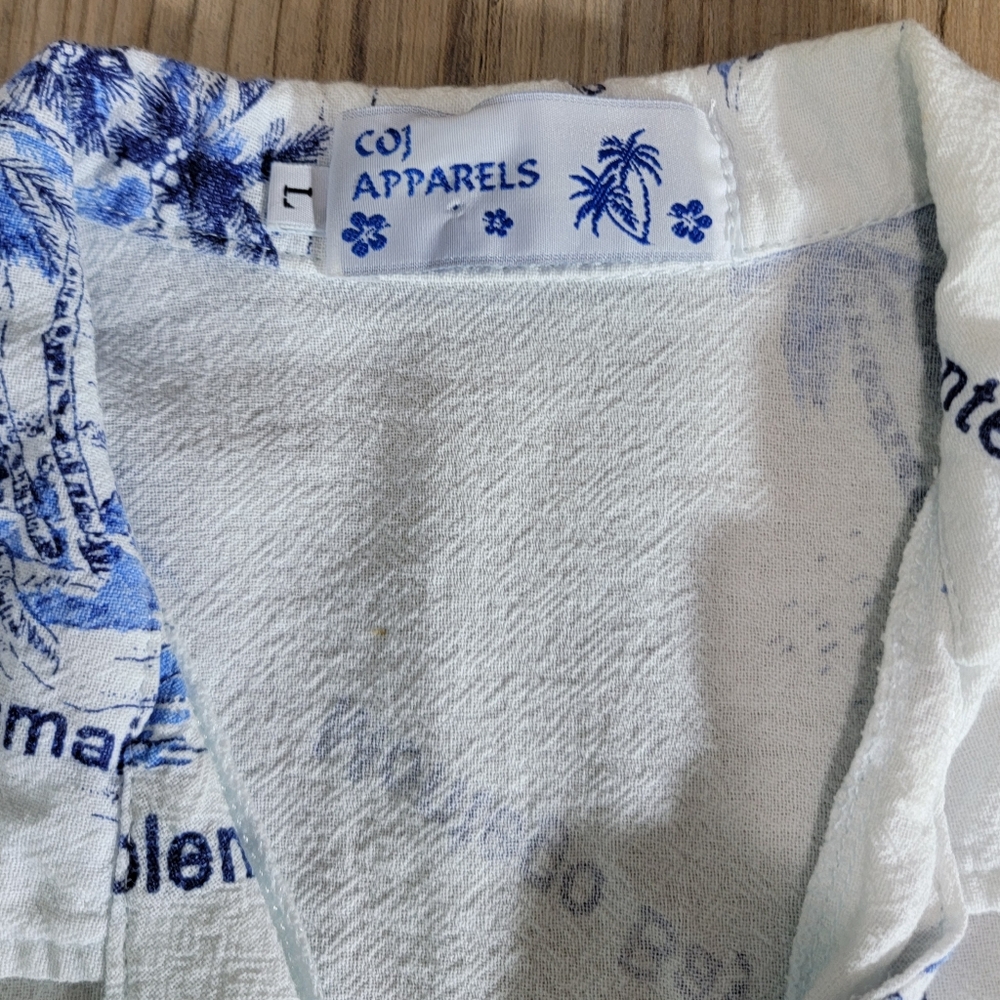 Vintage 100% cotton Hawaiian shirt L White Blue  Coj Apparels Bahamas Palm Tree - Picture 4 of 4